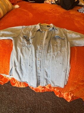 Light Blue Distressed Denim Shirt oversized 2X Casual Button-Up denim shirt/jack